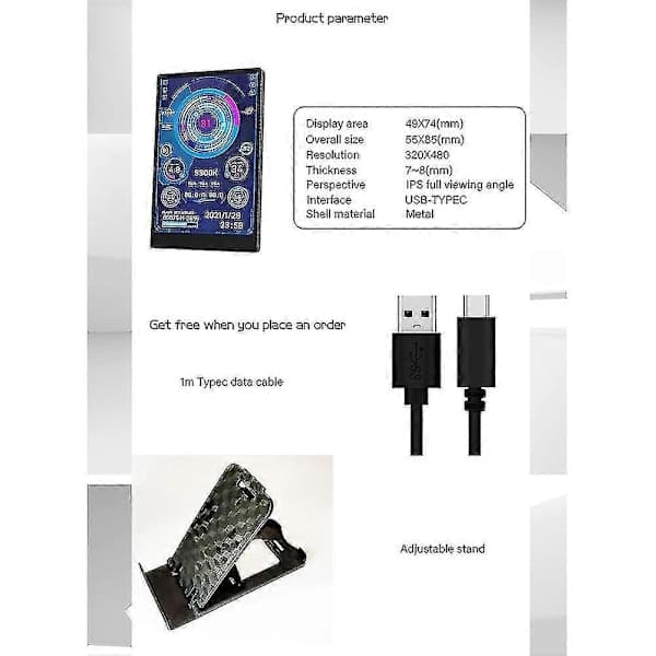 3,5 tommer IPS USB Mini Skærm AIDA64 PC CPU RAM HDD Data Skærm Computer Temperatur Display Type-C Sekundær Skærm - Perfekt