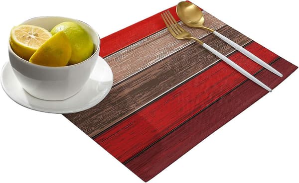Set med 6 rødbrune juleduker, rustikk låvevedtekstur, retro polyester, flekkbestandig, vaskbare underlag, dekorasjon til bord