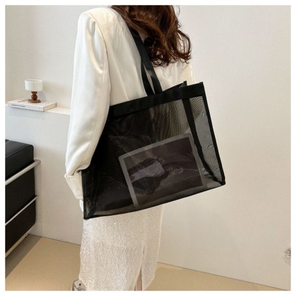 Transparent Strand Nylonveske Mesh Tote Handleveske Hvit White