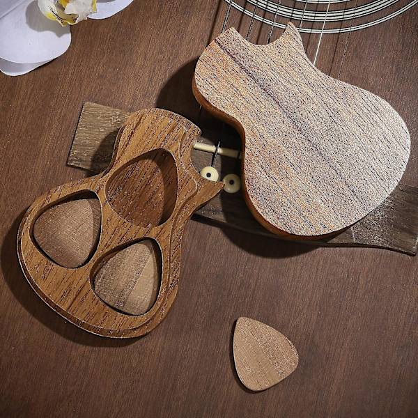 Gitarrträplocklåda med 3 Premium Träplock, Träsamlare Graverad Gitarrplocklåda Klassiska Triangelgitarrplock Gitarrist Musikerpresent