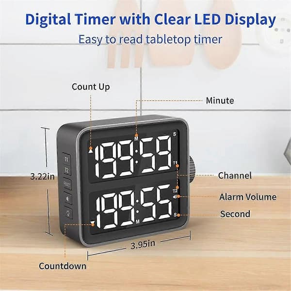 LED Digital Timer med Dobbelt Kanaler Nedtælling Stopur Køkken Kogetimer Elektronisk Magnetisk Tælling