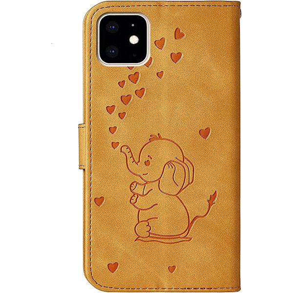 iPhone 11 Telefonfodral, Söt Elefant Kärlek Hjärta Cartoon Mönster med Kortfack, Vikbart Stativ, Magnetiskt Flippskydd, Kompatibel för iPhone 11 - Gul