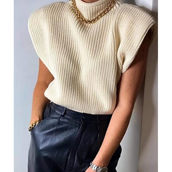 XYC Dame Strikket Trøje Vest Skjorte med Høj Hals Ærmeløs Strikket Tanktop Skulderpuder Efterår Vinter Strikketøj Tøj Streetwear,S