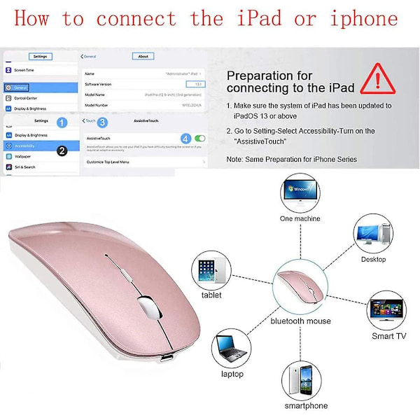 Bluetooth-mus Rechargeable Trådlös Mus För Macbook Pro, Bluetooth Trådlös Mus För Laptop Pc Dator (Roséguld)