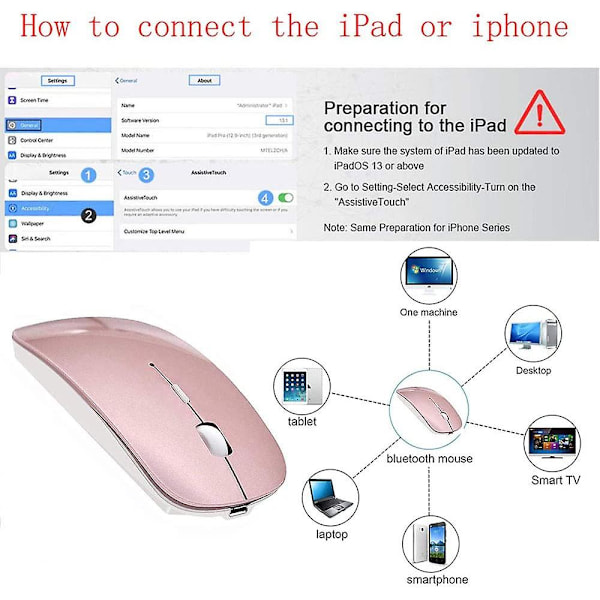 Bluetooth Mus Rechargeable Trådløs Mus Til Macbook Pro, Bluetooth Trådløs Mus Til Bærbar Pc Computer (Rosaguld)