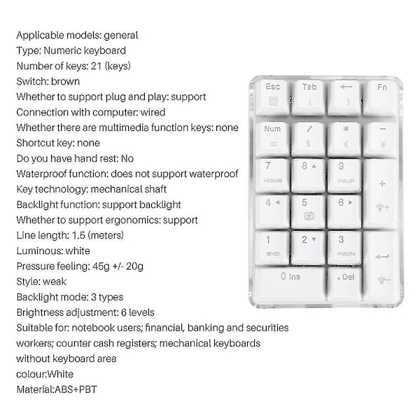 Mekanisk Numerisk Tastatur Gateron Brown Switch Kabelforbundet Spil Tastatur Krystalhus Hvid Baggrundsbelyst 21 Taster