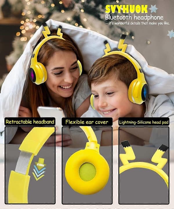 Barnheadset spelheadset med mikrofon, LED-lampa, hopfällbar stereo $ Barnheadset Bluetooth stereoheadset - Pikachu Gult