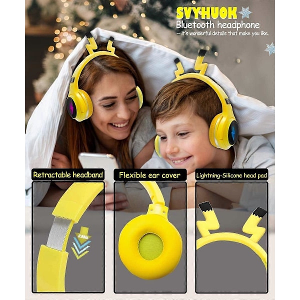 Børneheadset spilheadset med mikrofon, LED-lys, foldbar stereo $ Børneheadset Bluetooth stereo headset - Pikachu Gul