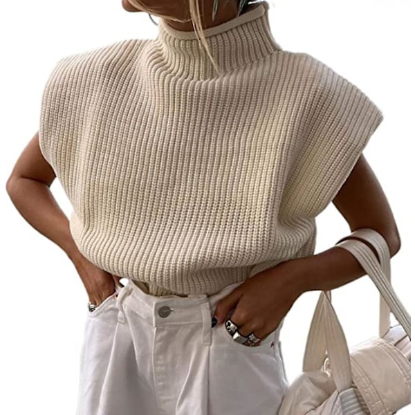XYC Dam Kepstickad Väst Turtleneck Ärmlös Stickad Tank Top Axelvaddar Höst Vinter Stickade Tröjor Streetwear,S