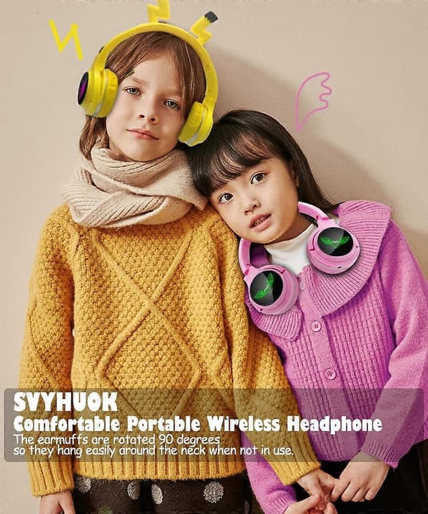 Barnheadset spelheadset med mikrofon, LED-lampa, hopfällbar stereo $ Barnheadset Bluetooth stereoheadset - Pikachu Gult