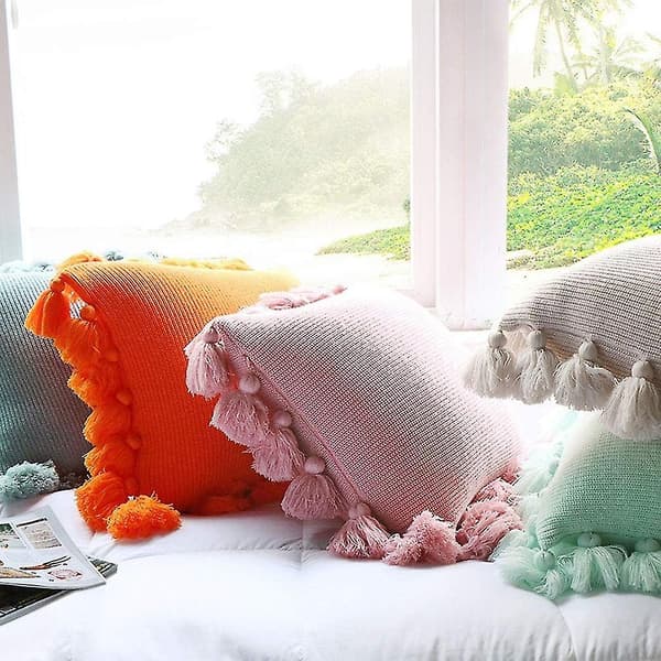 Stickade Kuddfodral med Pompoms Trassel Boho Farmhouse Randig Kabel Stickad Kuddfodral Dekorativ Kudde Kuddfodral För Hem Soffa Soffan