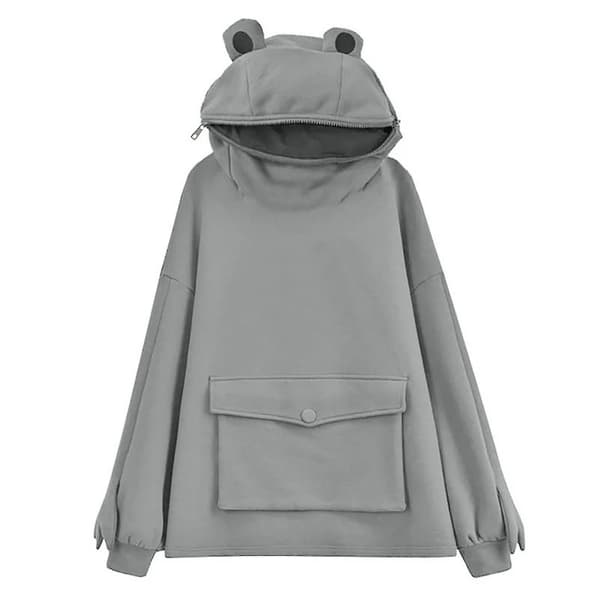 Fleece-huvtröja med groda, vintervarm, tjock, lös, överdimensionerad tröja, ytterplagg