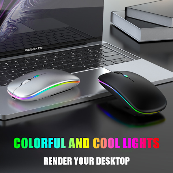 Trådløs Bluetooth Mus Kompatibel 2.4GHz 1600DPI Genopladelig med RGB Lys Bærbar Laptop Macbook Gaming