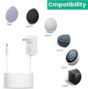 15W strømadapter for Echo Pop, Dot 5. generasjon, Dot 4., 3. generasjon, Kids Edition, TV Cube smarthøyttalere, 1,5m