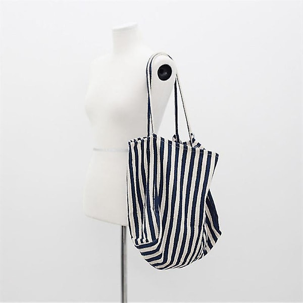 Stribet Canvas Tote Bag Genanvendelig Bomuldsstof Opbevaringsindkøbspose Kludpose (blå Hvid) (1 stk)