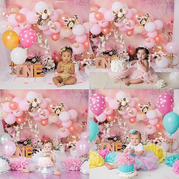 Sommerfugle Guld Pink Første Fødselsdag Fotografi Baggrund Prinsesse Tema Blomster Pink Vogn Piger 1 års fødselsdag