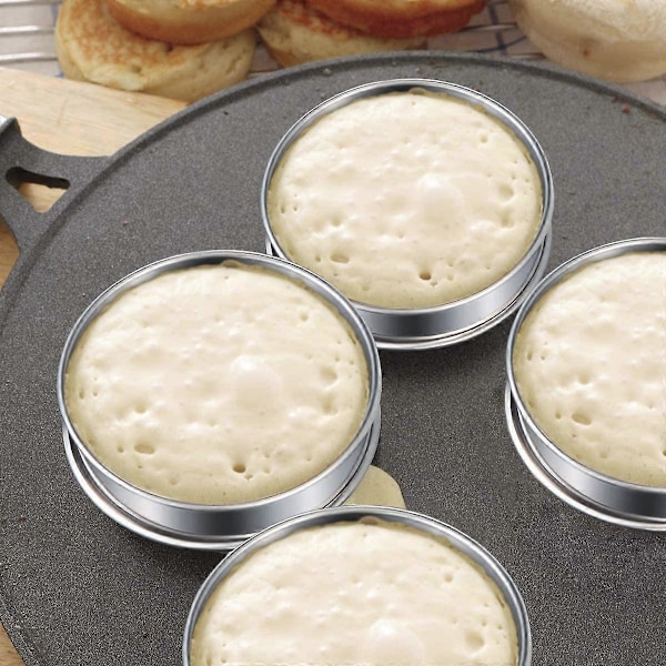 6 Pak 4 Tommer Dobbelt Rullet Engelske Muffinsringe, Rustfrit Stål Crumpet Ringe, Tart Ringe, Runde