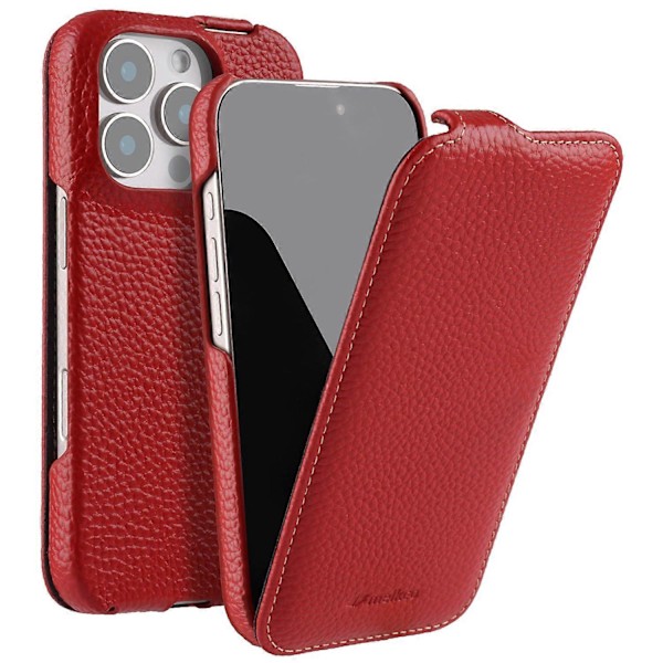 MELKCO For iPhone 16 Pro Max Magnetic Case Vertical Flip Genuine Cow Leather+PC Shockproof Cover