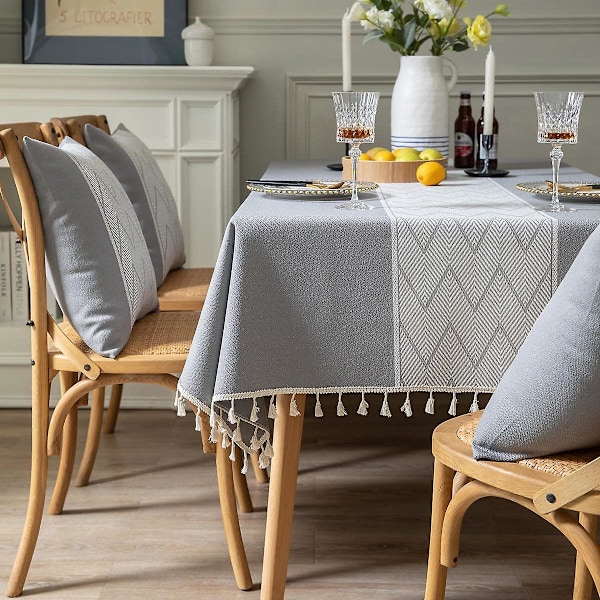 Rektangulär Kvadratisk Duk Stickad Broderi Texturerad Frans Bomullslinne Dekorativ Avlång Bordsskydd för Kök Matrum Picknick (55x102 Tum
