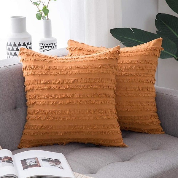 Wekity Set of 2 Decorative Boho Throw Pillow Covers Linen Striped Jacquard Pattern Cushion Covers for Sofa Couch Living Room Bedroom 18x18 Inch Orange