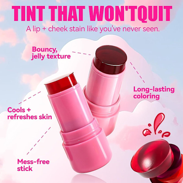 Vand Jelly Tint Stick, Mælkekølende Vand Jelly Tint Lip Gloss, Mælke Jelly Tint Jelly Blush Stick, Sheer Lip & Cheek Stain, Langvarig Jelly Blush S