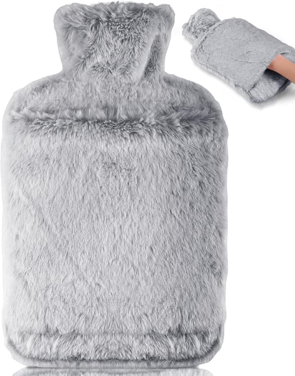 2 litran tiivis kuumavesipullo ylellisellä ja mukavalla tekoturkispäällisellä (harmaa).