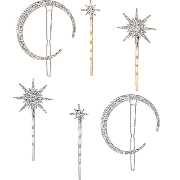 6 stycken stjärnor och måne hårklämmor Vintage strass stjärna hårklämma hårspännen metalllegering måne hårnålar för kvinnor flickor tjockt hårtillbehör (