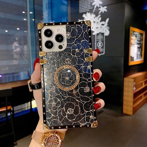 Firkant Formet Sød Cover til Piger Kvinder TPU Luksus Sort Etui Stødsikkert Beskyttende Robust Etui Passer til iPhone 13 Pro Max med Ringholder Blomst Design