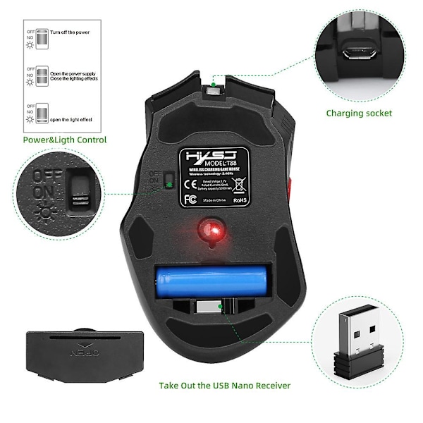 Trådløs mus 2.4GHz ergonomisk design spillmus 7-farget bakgrunnsbelysning design 6-trinns DPI justerbar