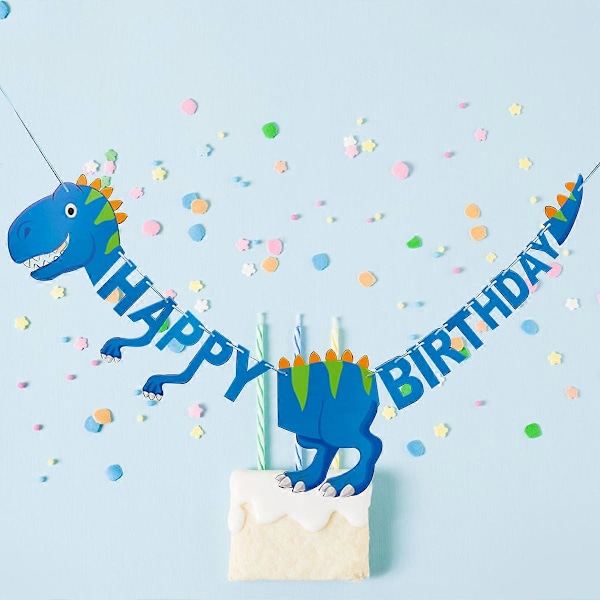 Dinosaur Grattis på födelsedagen Banner Girlang Dekorationer för födelsedagsfest (Blå)