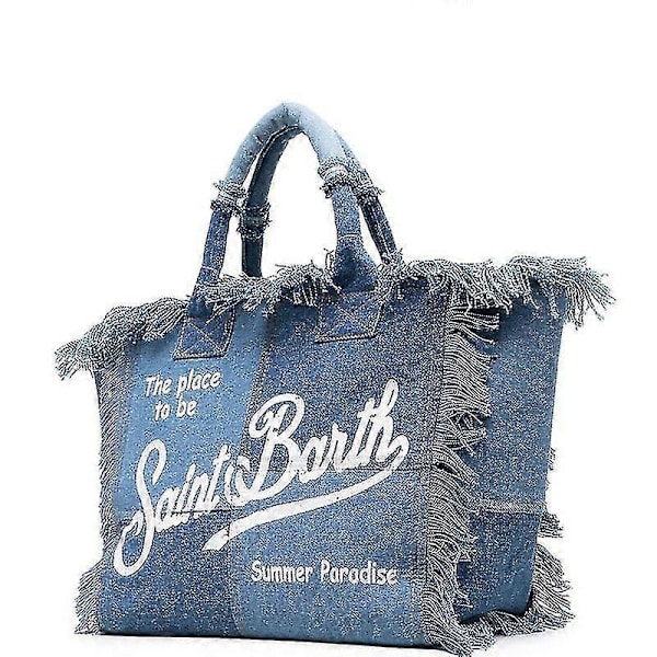 Fsw Stor Strandtaske Med Håndlavet Kvast, Modetrykt Denim Tote Bag_