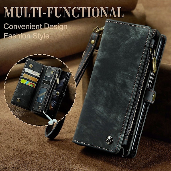 Korthållare med blixtlås för Samsung Galaxy Z Fold 4, PU-läderfodral med korthållare & handledsrem
