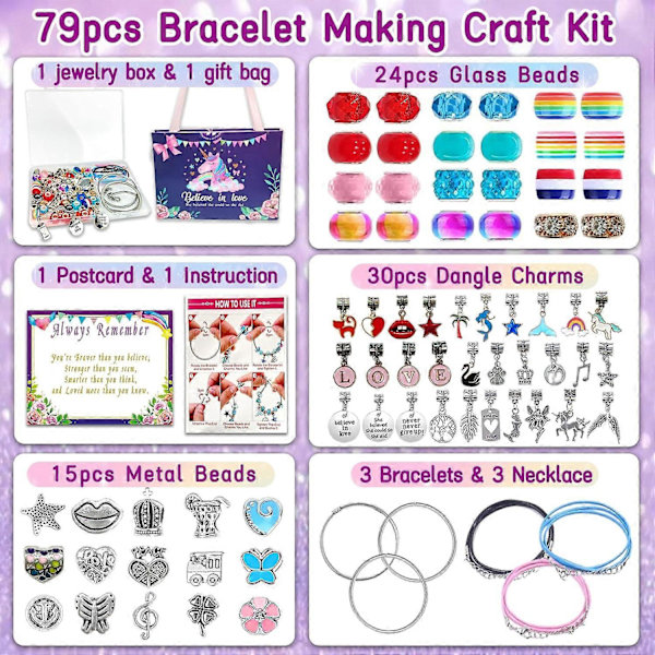 Charm Armband Kit, Smyckestillverkningstillbehör Pärlor, Enhörning/Sjöjungfru Hantverkspresenter Set för Flickor Tonåringar 5-12 År