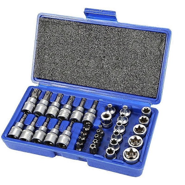 34-delt Torx-sokkelsett 3/8', CR-V-materiale profil E4-E20, stjerneformet Torx-bit 5/16'-3/8' i stål S2-profil T10-T60