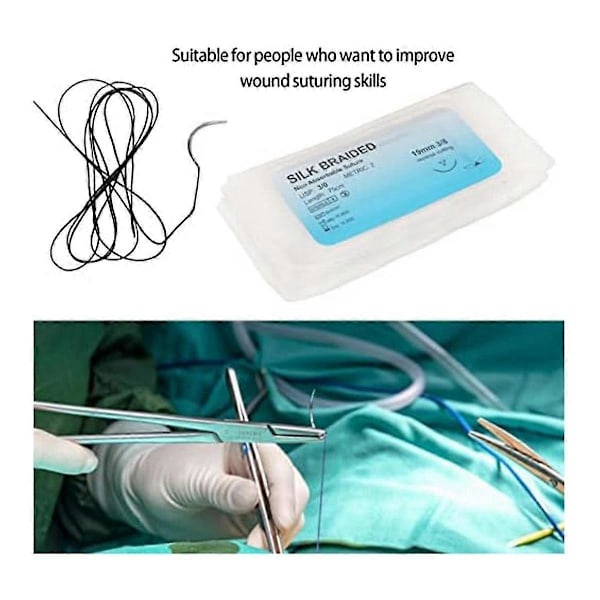 12 st Suturset, Siden Tråd Suture Kit med Böjd Nål Sår Suture Övning Tråd för Klinik