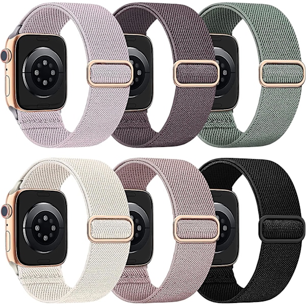 Heytea 6-pak Nylon Strækbar Kompatibel med Apple Watch Rem 38mm 40mm 41mm 42mm 44mm 45mm Kvinder Mænd, Klud Elastisk Armbånd Solo Loop Rem til Iwat