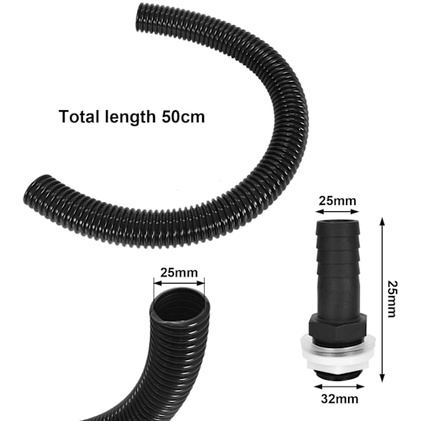 Regnvannstank tilkoblingssett med 25 mm tilkoblingsslange og 2 endestykker med låsemuttere for nedløpsrør og regnvannsoppsamlere.