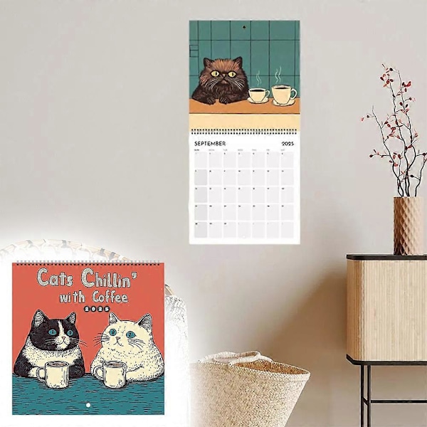 2025 Katte Chillende med Kaffe 12 Måneders Væghængt Kaffe Kat Kalender Gave til Katte Elskere