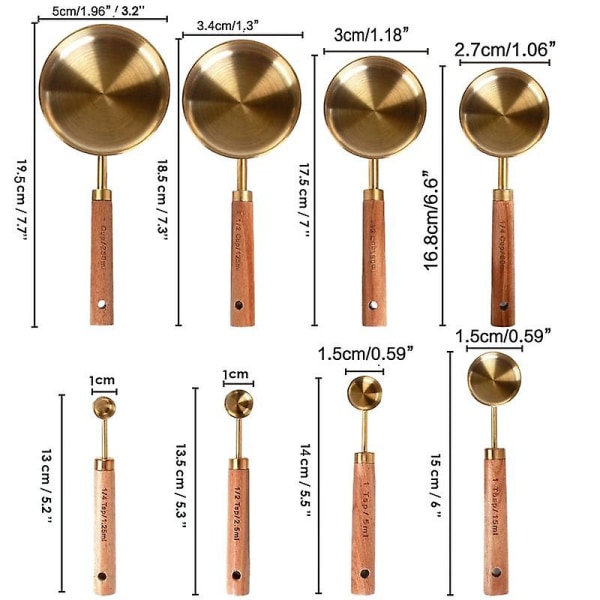 8-osainen mittakupit ja -lusikat, hajuisilla puukahvoilla - täydellinen mittaussetti