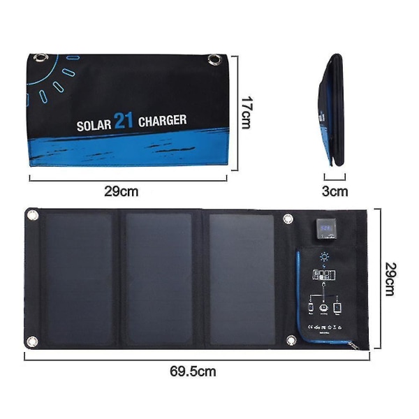 Bigblue 28w bärbar solladdare 2-portars USB 4 vattentät solpanel med digital amperemeter och dragkedja för skydd - för laddning av USB enheter - I