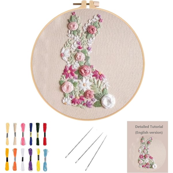 Bunny in Bloom Påskbroderikit, 2024 Nya Påskkanin i Blom Broderikit för Nybörjare, DIY Hand Broderad Påsk Korsstygn Stjärna
