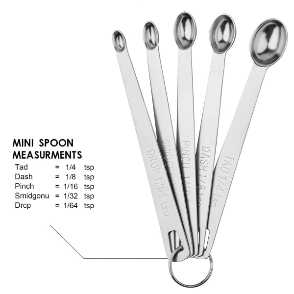 5 mini måleskeer med 1 ring, 1/64, 1/32, 1/16, 1/8, 1/4