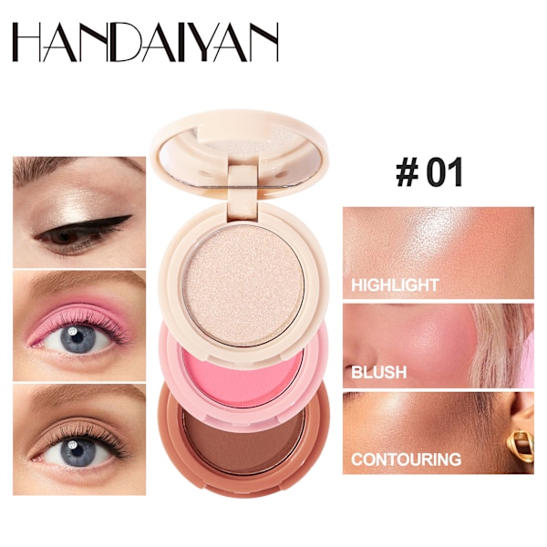 Trefärgad contouring palett handaiyan highlighter brightening rouge ögonskugga långvarig vattentät tre-i-ett contouring palett 1#