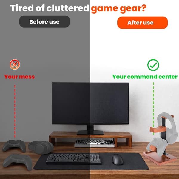 Spilcontrollerholder og hovedtelefonholder i massivt træ, Controller Organizer til Xbox Switch Headset Gamingudstyr Skrivebordstilbehør Værelsesindretning