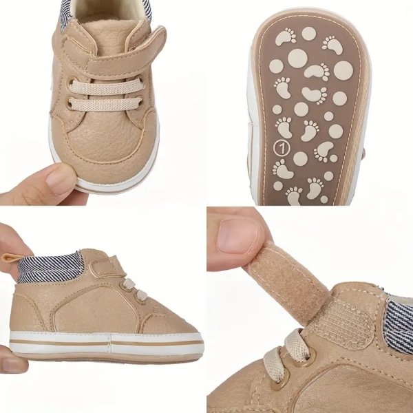 Baby drengs solide gåsko med krog-og-løkke lukning, behagelige afslappede skridsikre sneakers til babyer efterår iført White Inner length 11cm