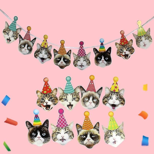Fødselsdagskatekrans, fotografiske katteansigter Fødselsdagsbanner, killinger Bday Party Bunting Dekoration (8 stk) Bd