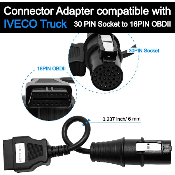 OBD2 Naaras 16-nastainen kaapeli - Uros 30-nastainen, Yhteensopiva Iveco kuorma-auton OBDII-diagnostiikkaskannerin kanssa