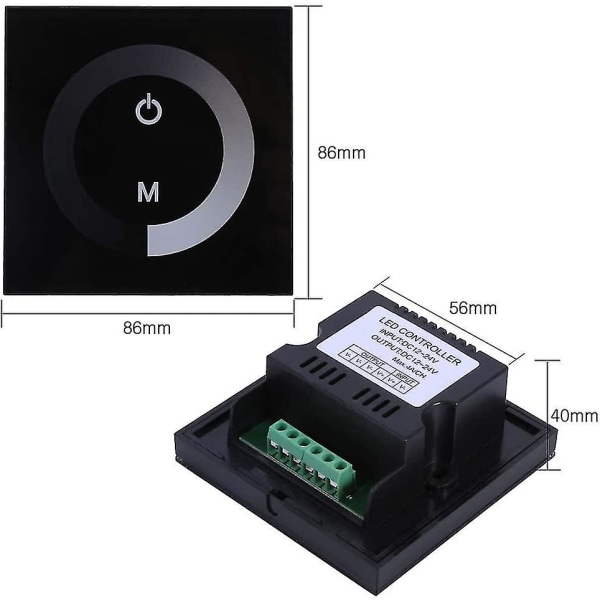 Dc 12v-24v Dimmer Switch Vægmonteret Touch Panel Controller, Monokrom Led Strip Lysstyrke Justerbar Dimmer, Touch Screen Led Dimmer Switch (sort)