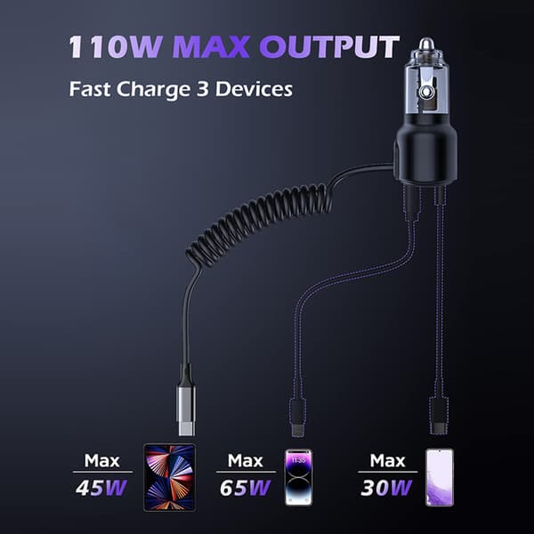 PD45W/PD65W biloplader med kabel, multifunktionel strømadapter, biloplader, hurtigoplader