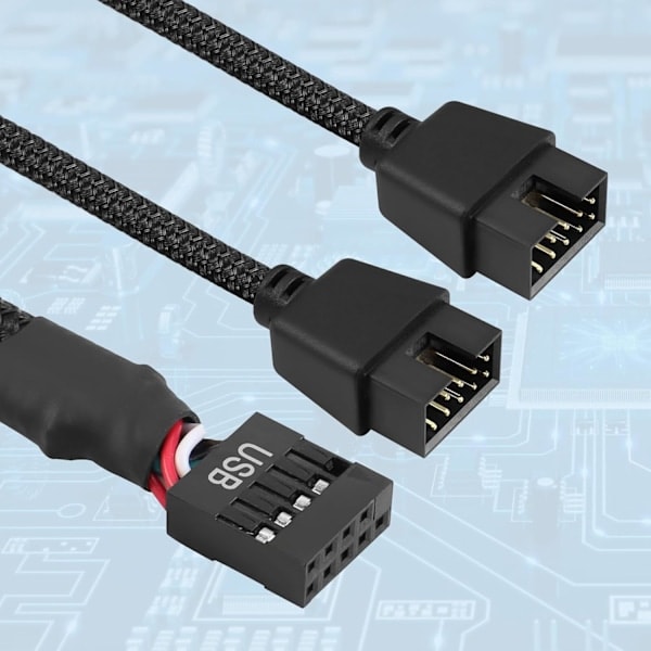 USB-otsikkohajotin, 2 USB 2.0 9-nastaista naarasliitintä kahteen 9-nastaiseen urosjatkokaapeliin, emolevyn 9-nastainen USB2.0-otsikkohajotin nailonpunoksella